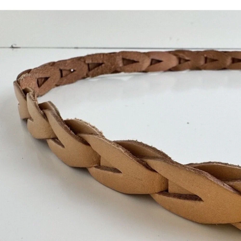 Tan Braided Leather Skinny Belt Silver Buckle Boho Cinch Waist Casual Chic 47-77